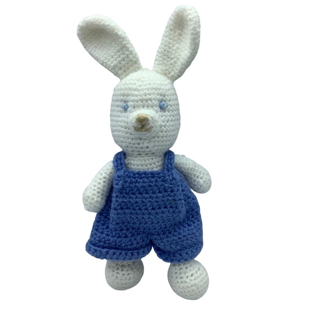 Easter Handmade Crochet Bunny Plush Toy In Blue Overalls 12” Baby Gift‎